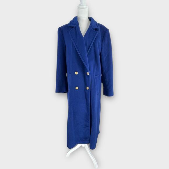 Vintage Jennifer Chase Royal Blue Long Wool Pea Trench Coat Pleated Back 14 - Picture 9 of 11